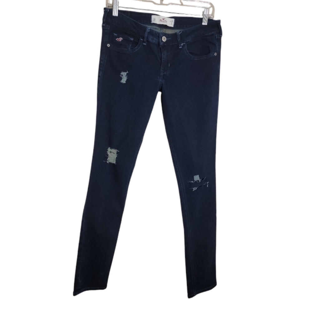 Hollister low rise dark wash blue distressed skinny jeans juniors size 7